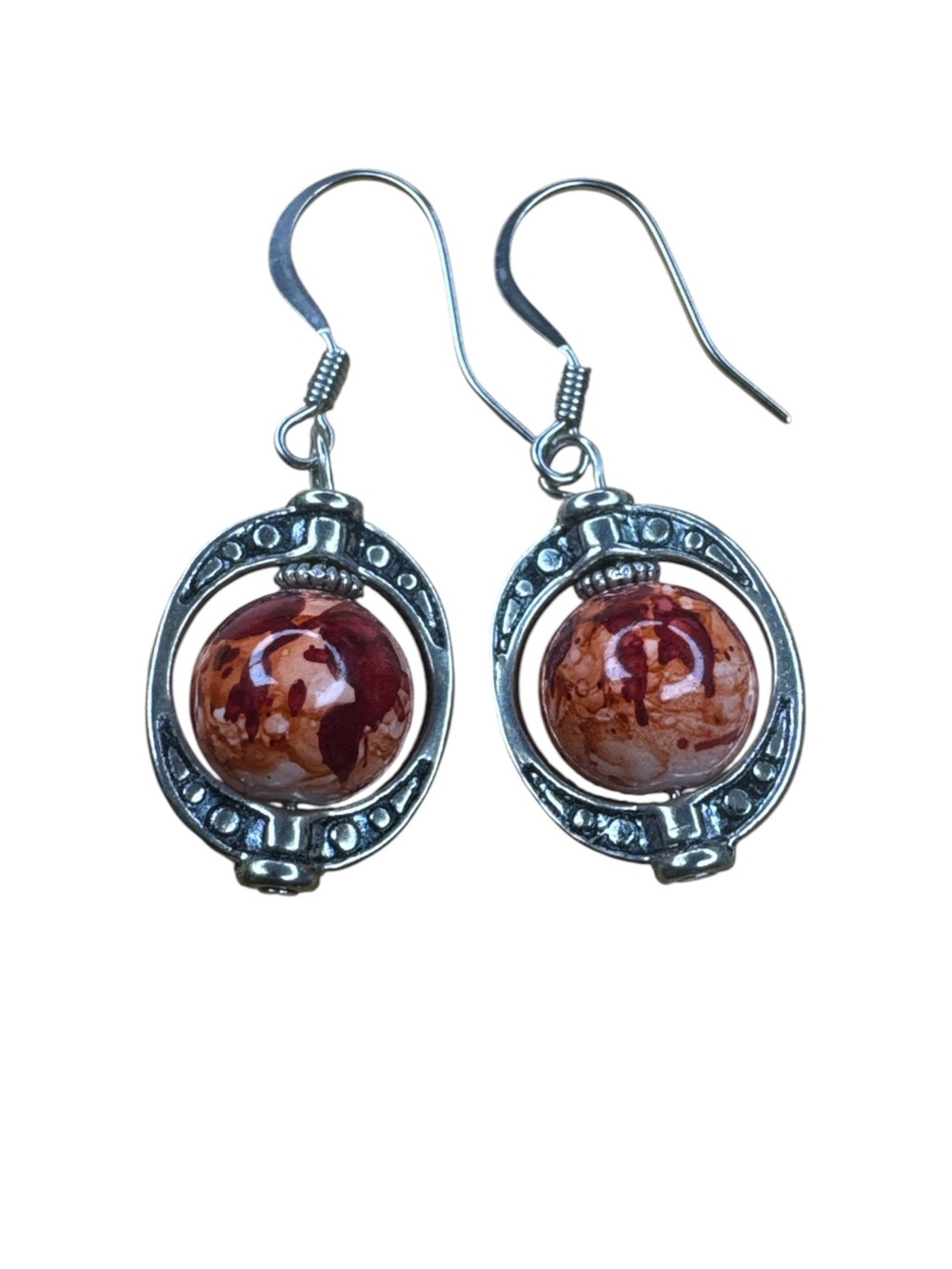 Handmade Brown Marbled Bead Silver Tone Dangle Earrings - Picture 3 of 3